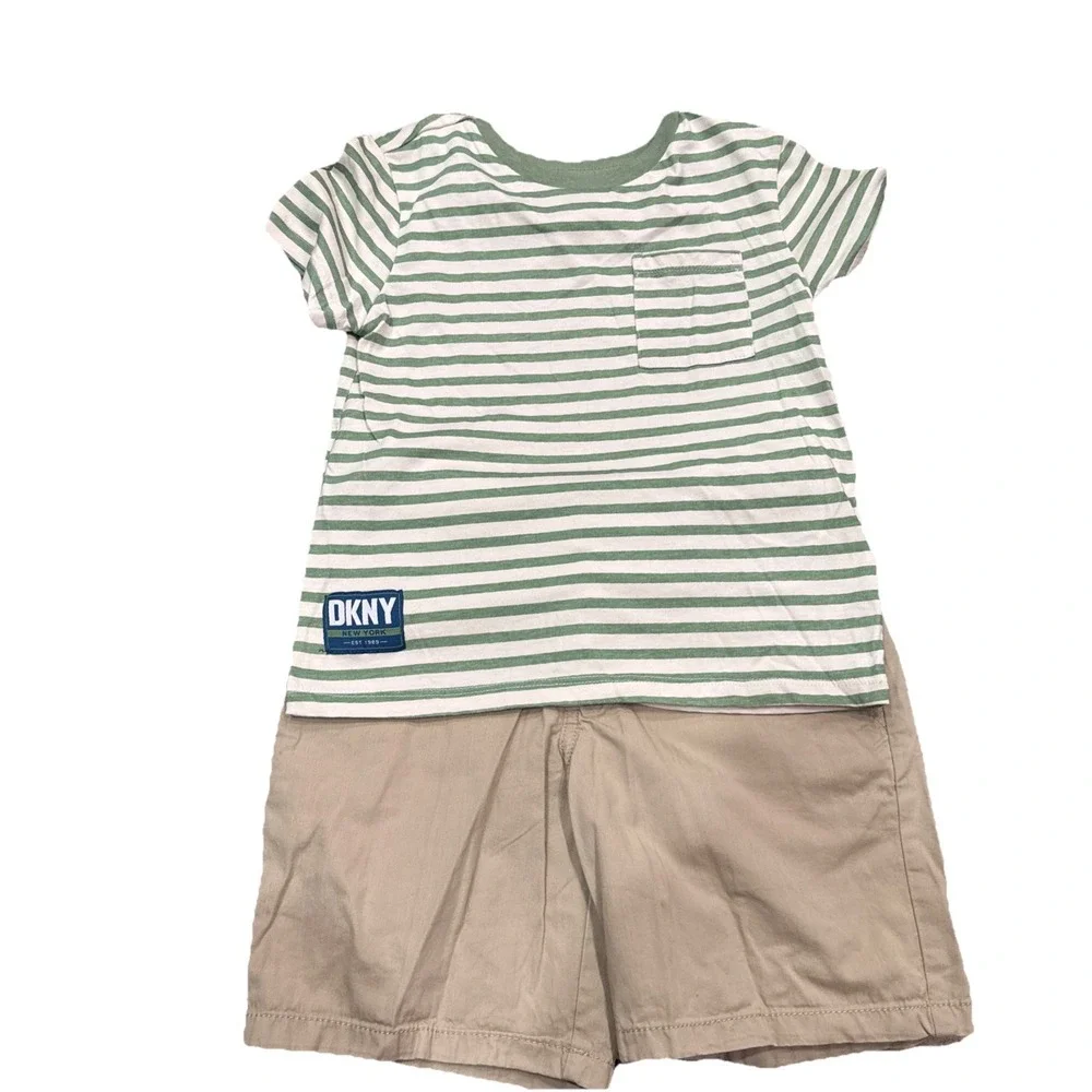 Boys 2 Piece Outfit Size 6/7 DKNY Striped Tee Cat & Jack Khaki Shorts Set